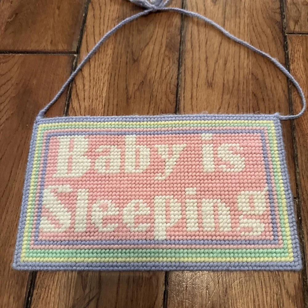 Vintage Needlepoint Handmade Baby Is Sleeping Hanging Sign 70s Nursery Decor